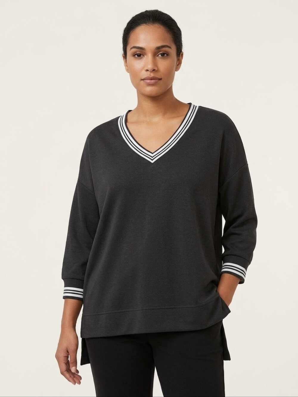 MEXX Black Sporty Stripe Oversized High Low V Neck Sweatshirt S